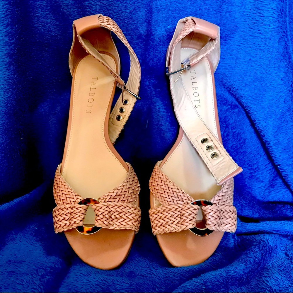 TALBOT'S SANDALS Beige Size 8 1/2 M, Slight Lift  w/ Braided Ankle Wrap-Around